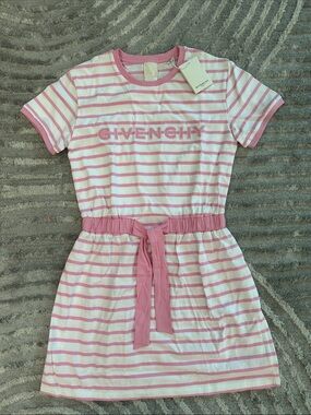 Givenchy Pink & White Striped Logo Tee Dress with Waist Tie